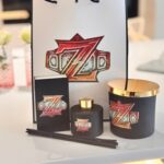 Diffuser with gold accents and a decorative bag featuring a logo and matchbox gift set