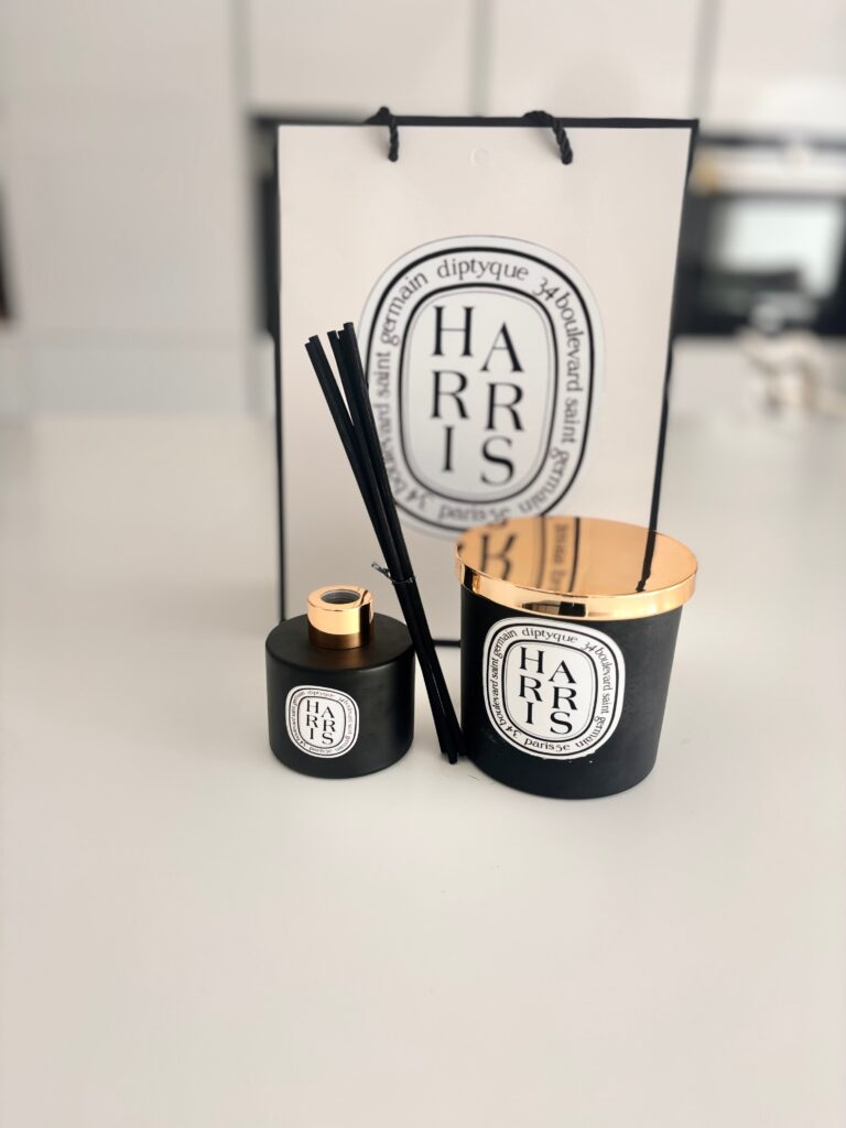 Personalised 'Harris' candle and diffuser set with a branded backdrop