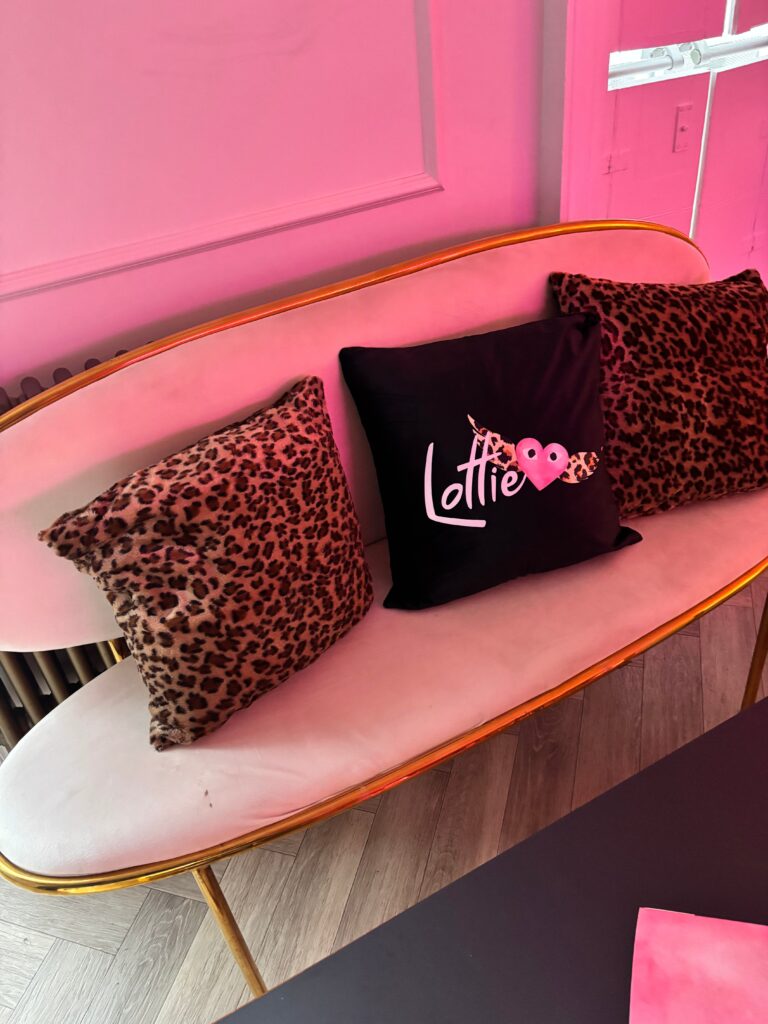 Pink chair with leopard print logo pillows and a black pillow with pink text.