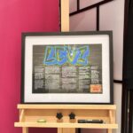 Framed speech gift artwork with 'LEVI' in colourful letters on a wooden shelf against a pink wall with no acrylic