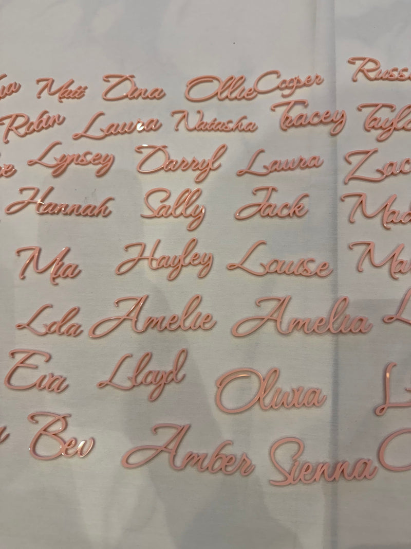 Sheet_of_paper_with_cursive_names_printed_on_pink_acrylic_place_names_on_a_white_background.